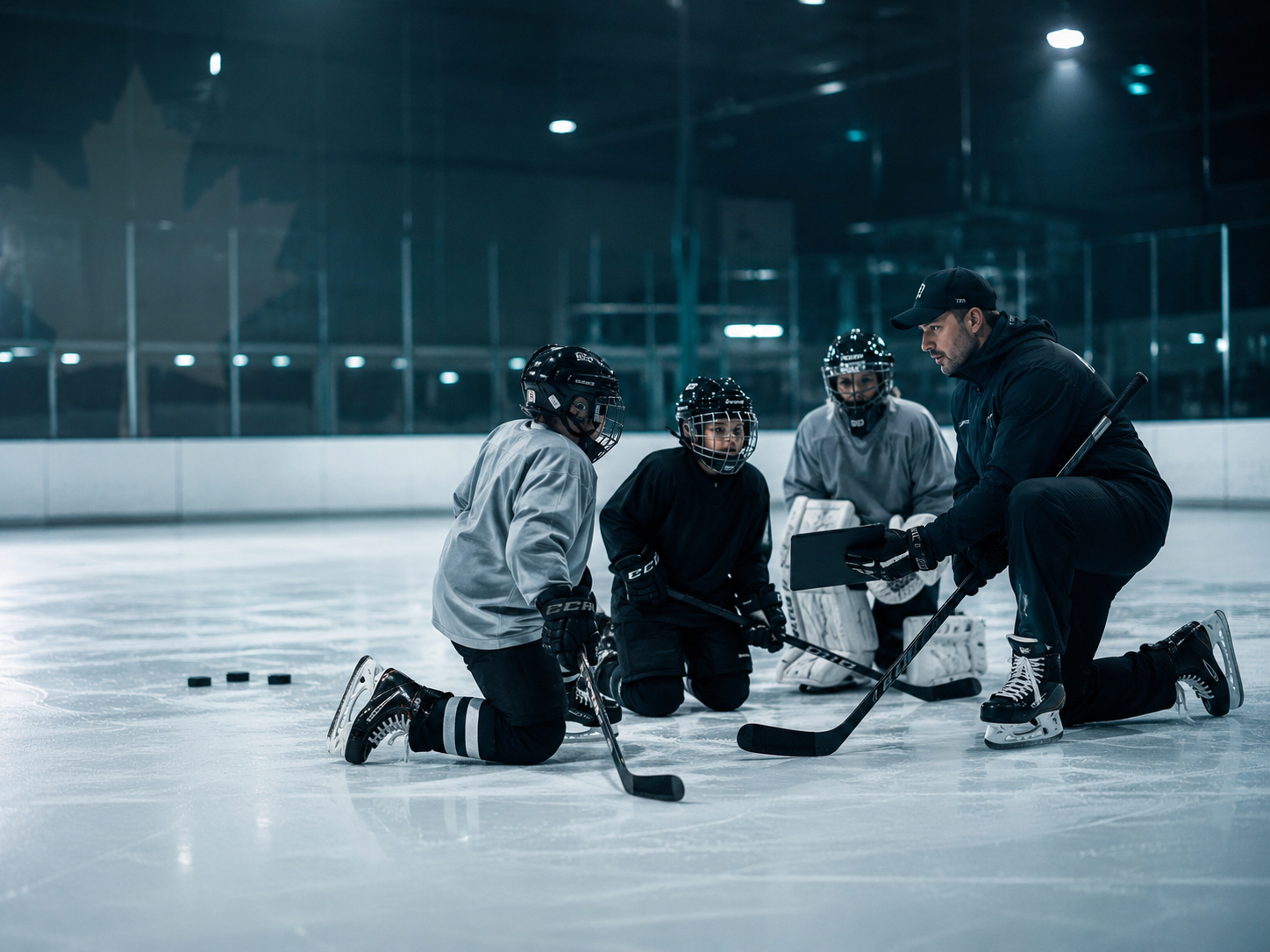 DTHA-style hockey coaching session with a coach instructing young players on the ice